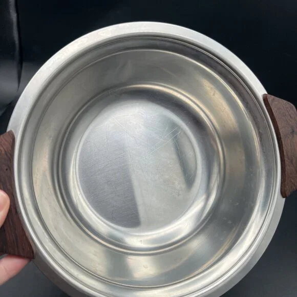 MCM 18/8 Stainless Serving Bowl with Lid Teak Handles Made In Denmark 8.5” - Picture 11 of 14